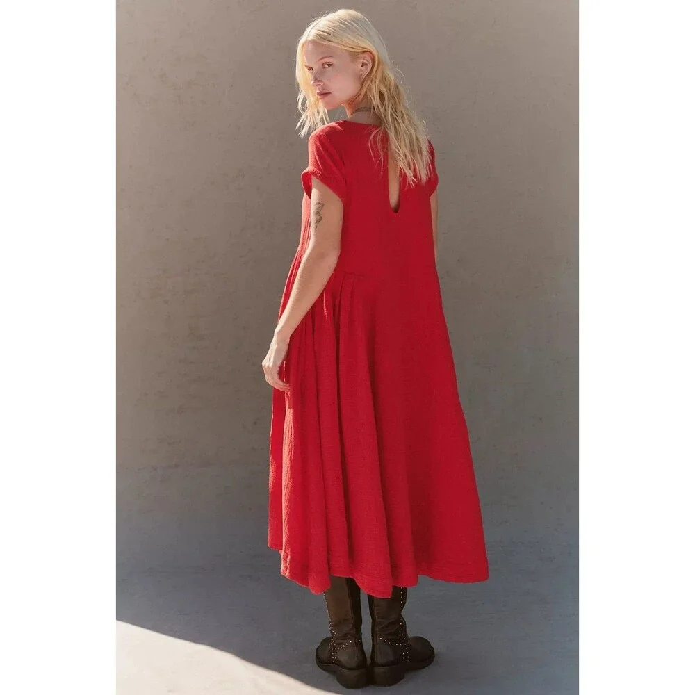Free People Free-Est Blaine Midi Dress Cap Sleeve Fiery Red Scoop Neck S 287485